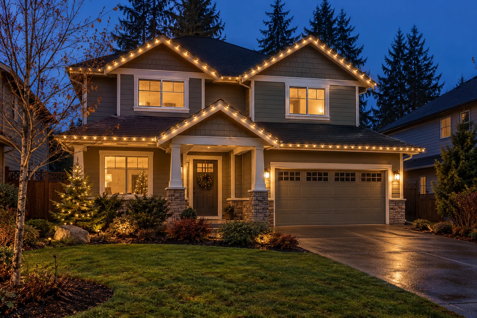 Illustrative Maple Ridge-style home at dusk, with warm white Christmas lights outlining its roof and porch
