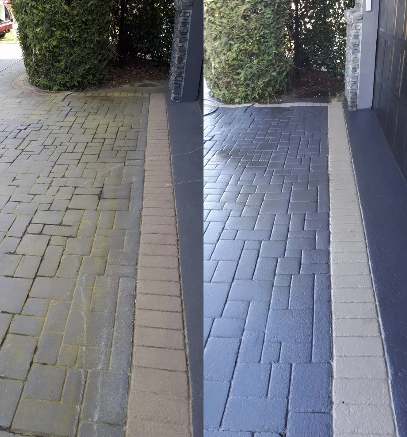 Brick driveway before and after pressure washing