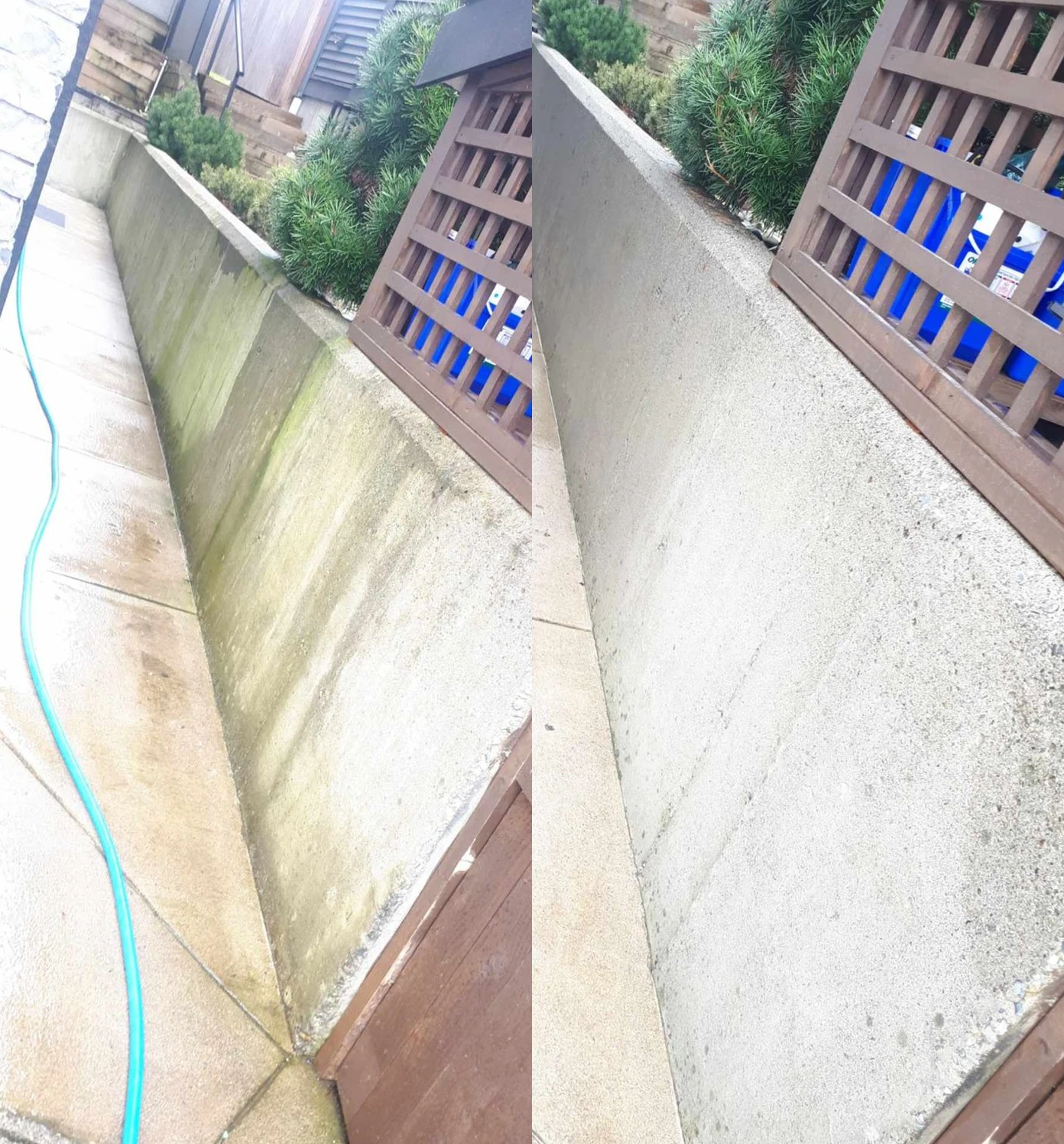 Concrete side path and wall during pressure washing