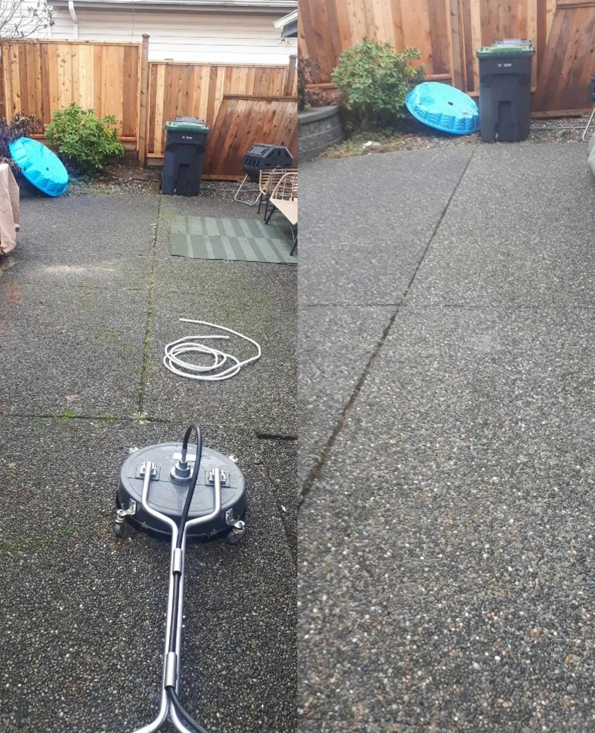 Patio surface before and after cleaning.
