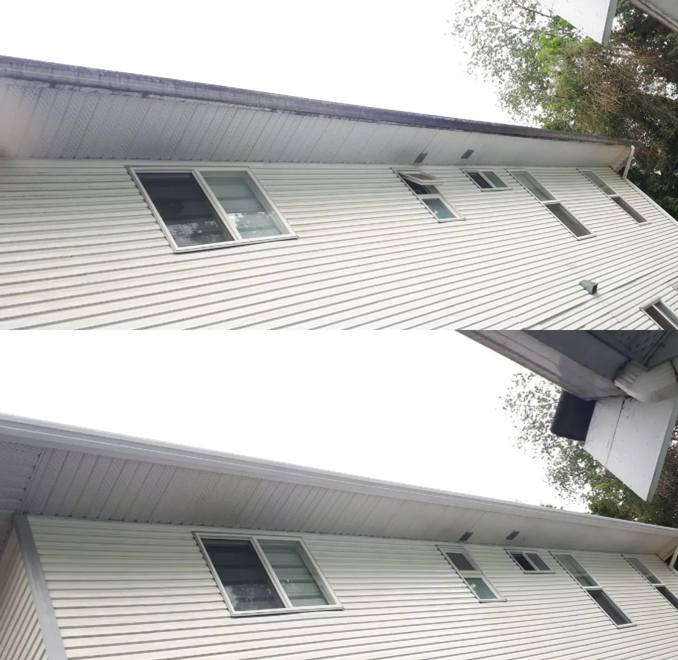 House siding and underside roofline before and after cleaning.