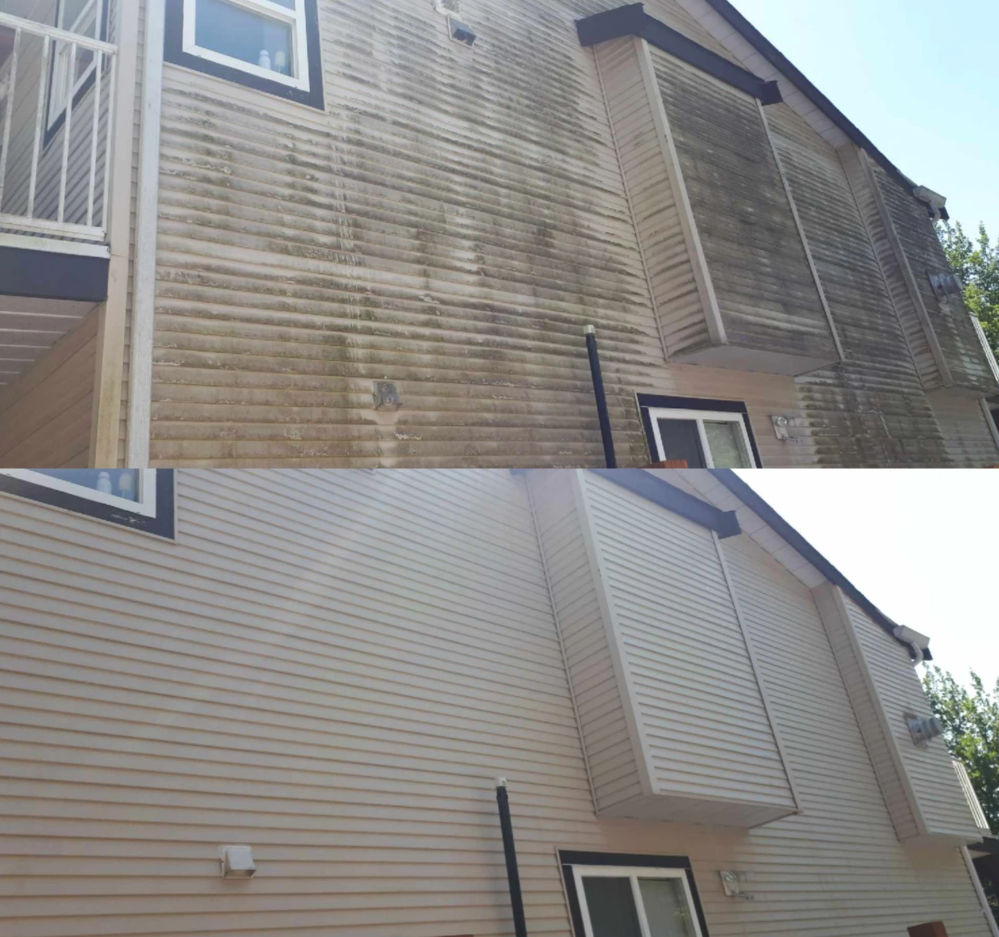 House siding before and after soft washing on a residential property