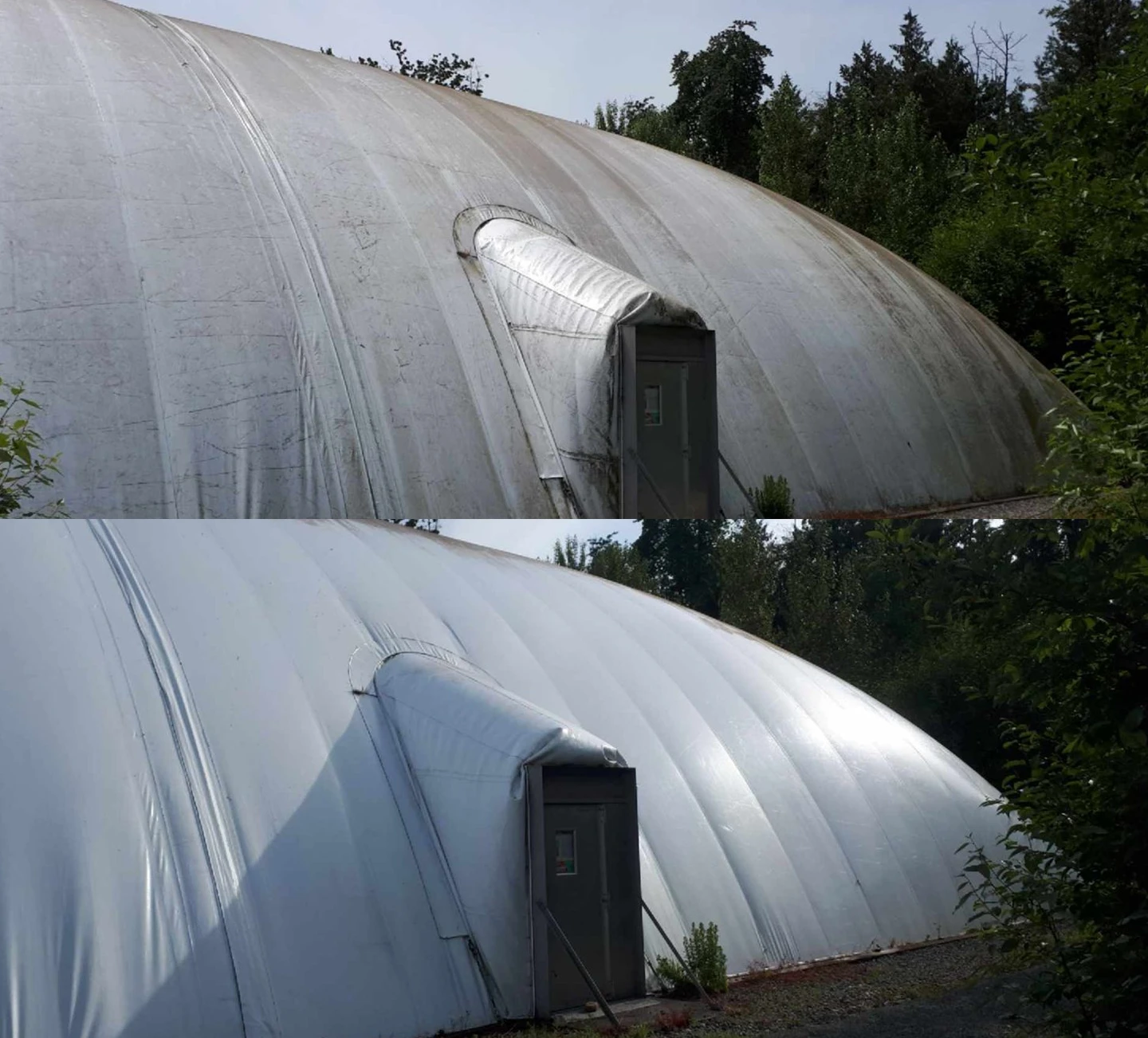 Fabric shelter before and after cleaning.