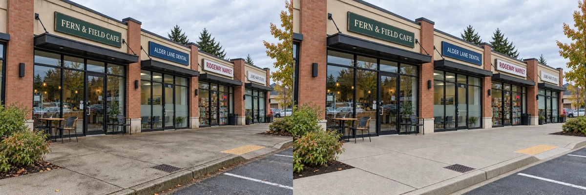 Illustration of retail storefronts with stained walkways and scattered leaves before cleaning. Illustration of retail storefronts with clean walkways and reduced surface debris after cleaning.