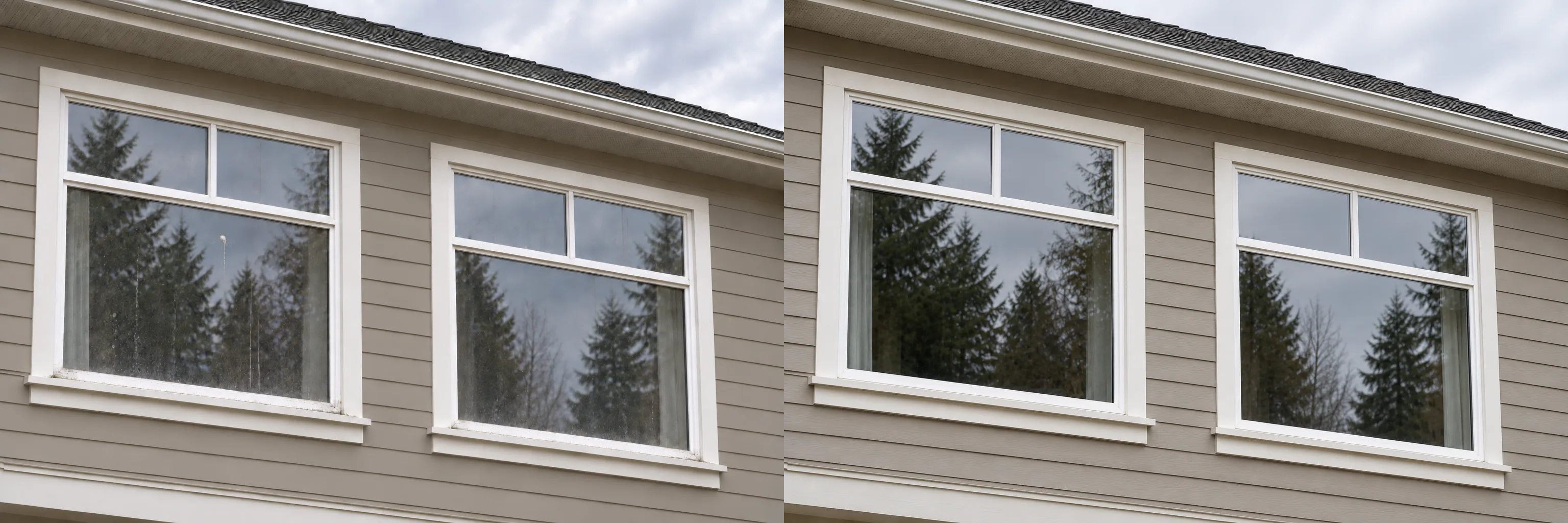 The same exterior windows before on the left and after cleaning on the right.