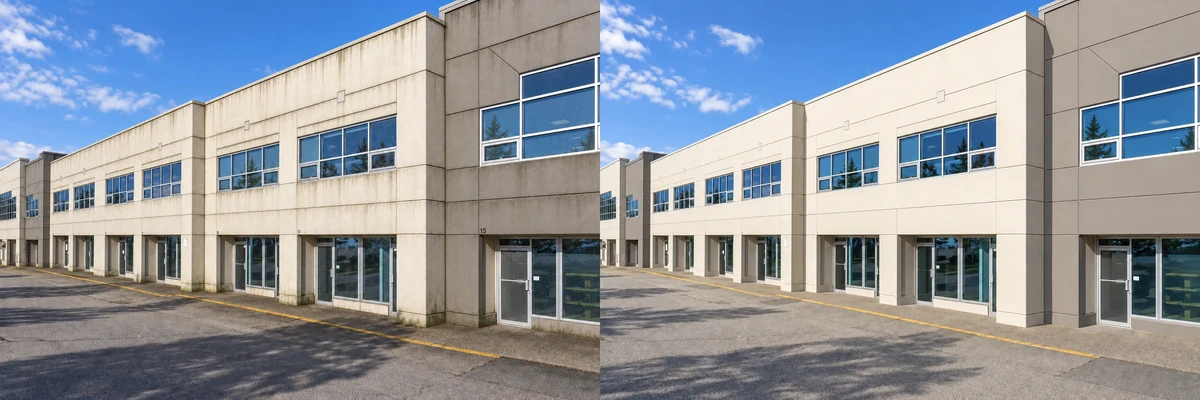 Illustration of an industrial building exterior with streaking and surface buildup before cleaning. Illustration of an industrial building exterior with clean walls and windows after cleaning.