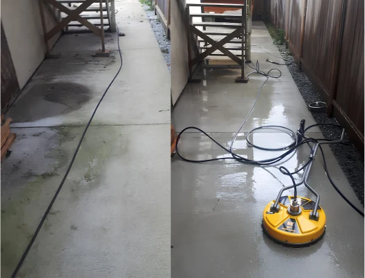 Concrete walkway before cleaning on the left and after cleaning on the right, with hoses and a yellow surface-cleaning attachment visible.