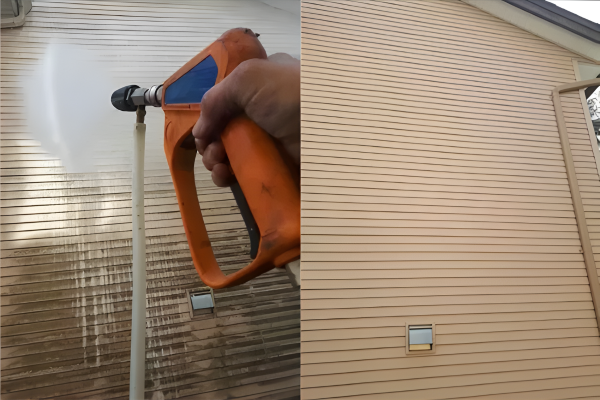 Exterior siding during cleaning on the left and after cleaning on the right, with a hand and cleaning nozzle visible.